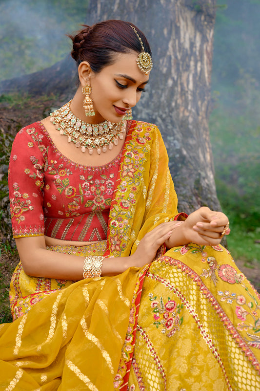 Yellow and Red Embroidered Silk Lehenga Choli Set