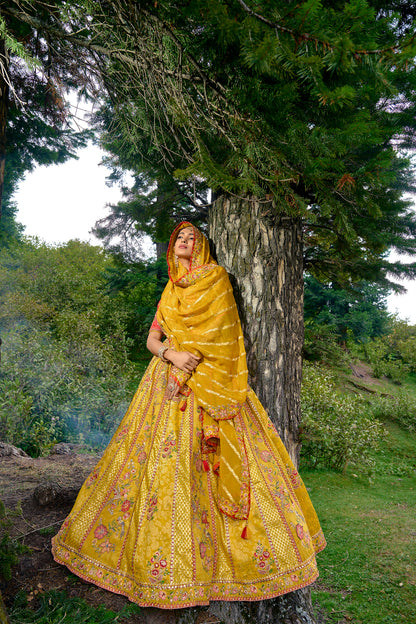 Yellow and Red Embroidered Silk Lehenga Choli Set