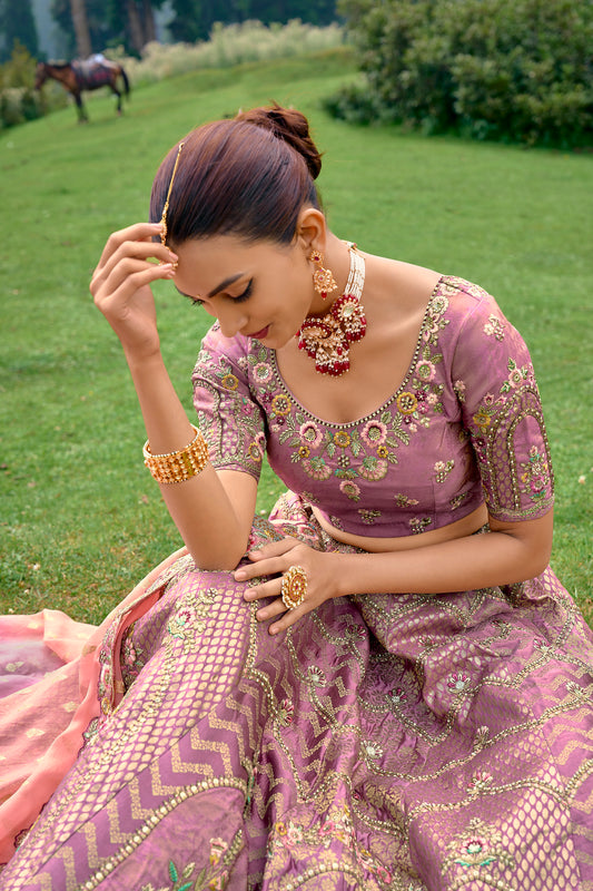 Dusty Pink Embroidered Silk Lehenga Choli Set