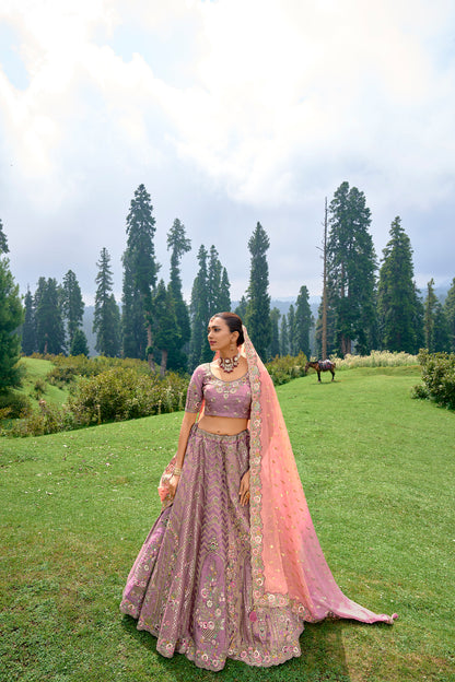 Dusty Pink Embroidered Silk Lehenga Choli Set