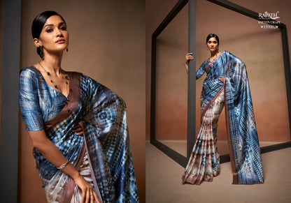 Blue & Brown Shibori Digital Printed Satin Saree