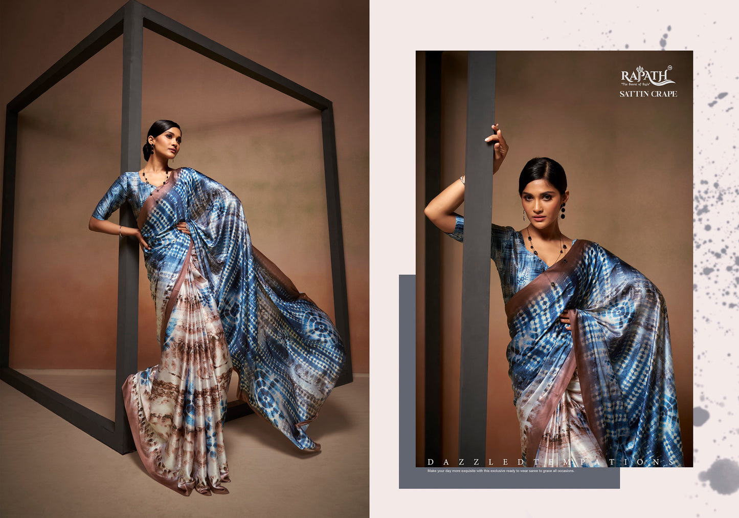 Blue & Brown Shibori Digital Printed Satin Saree