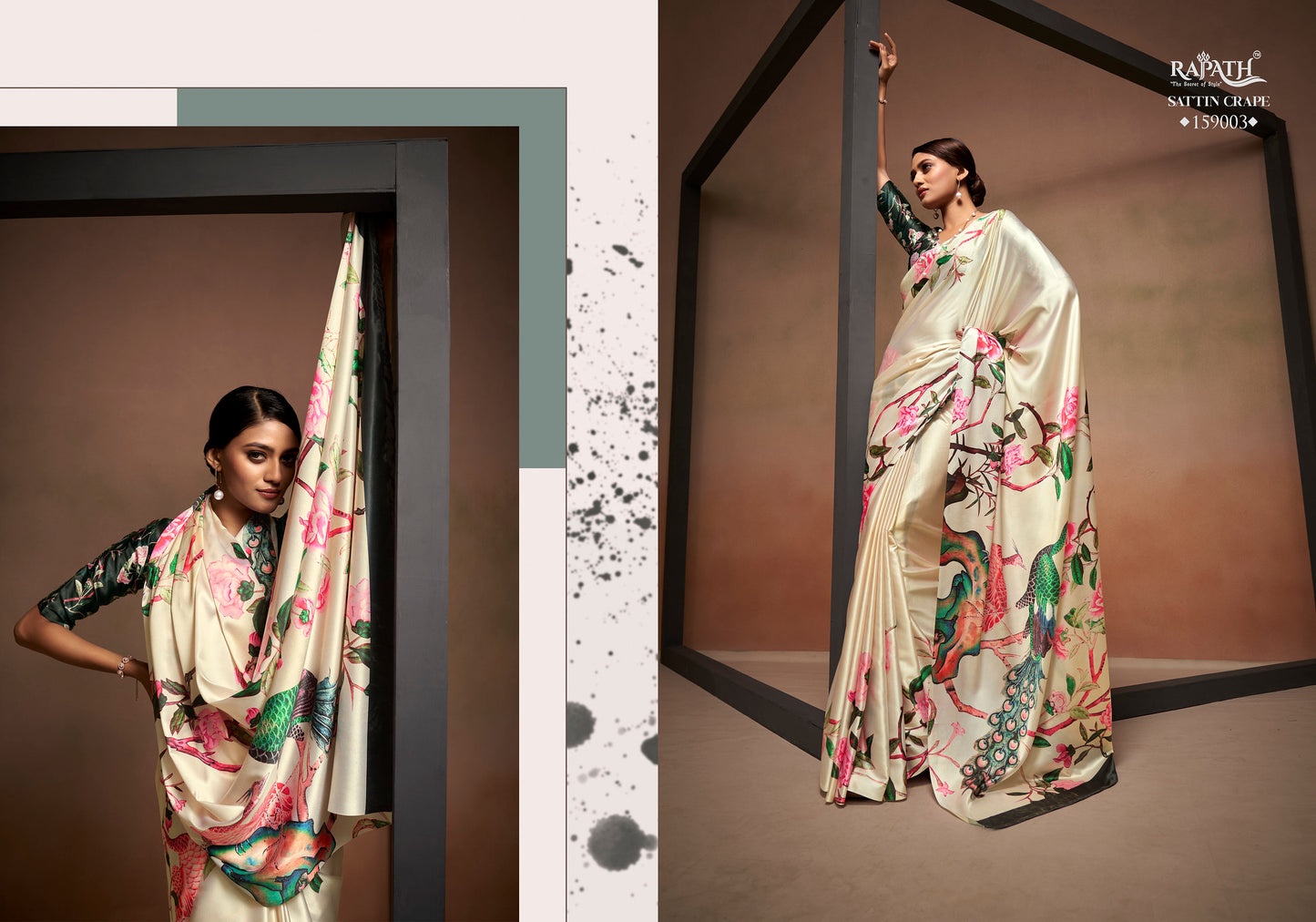 Cream Peacock Digital Printed Satin Saree