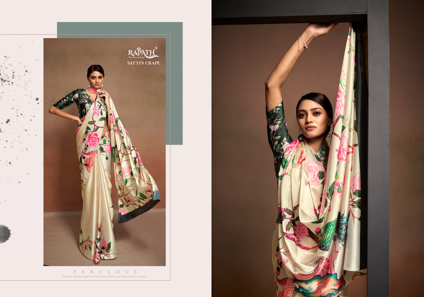 Cream Peacock Digital Printed Satin Saree