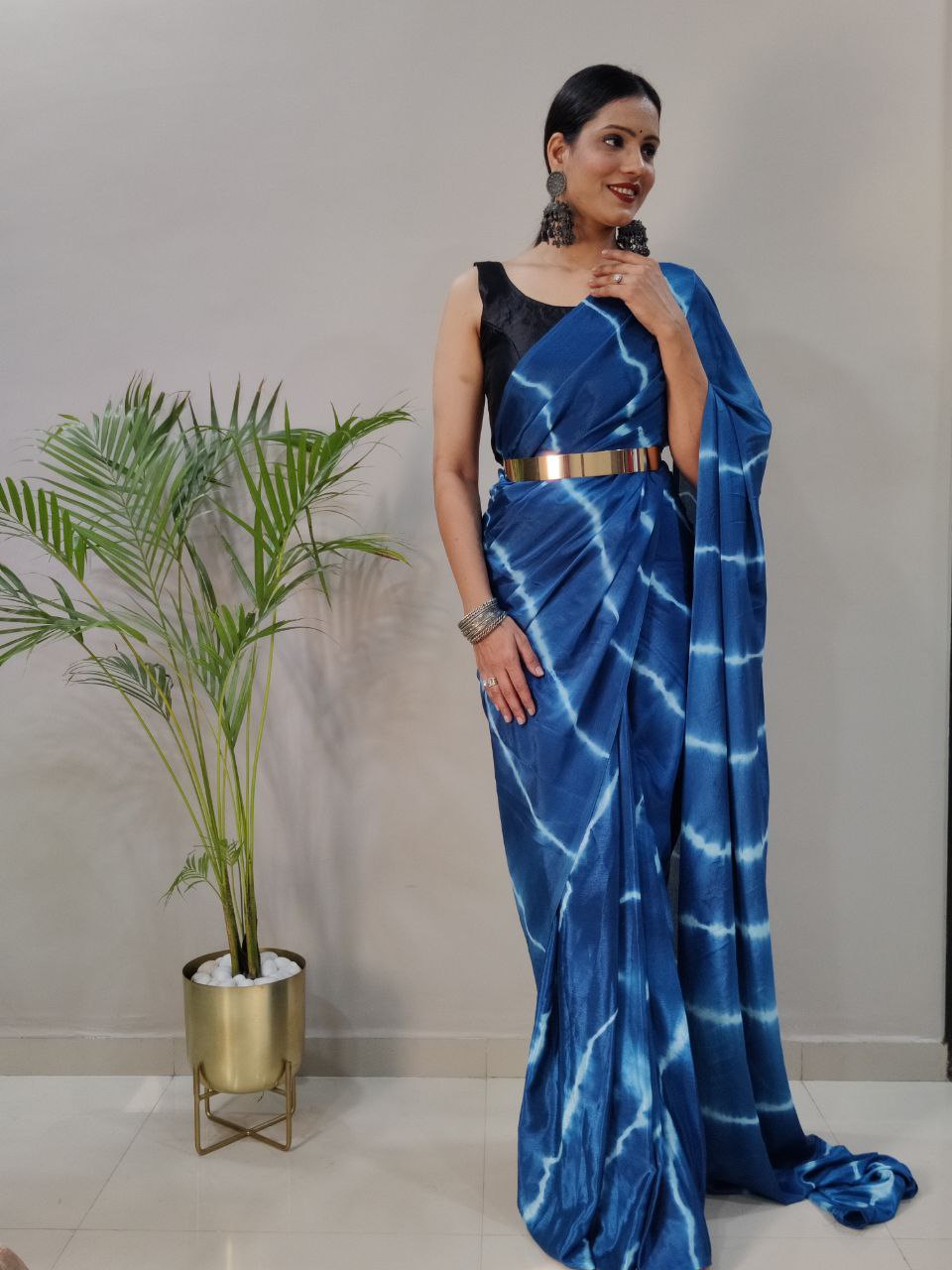 Blue Leheriya Printed Ready to Wear Chinnon Silk Saree