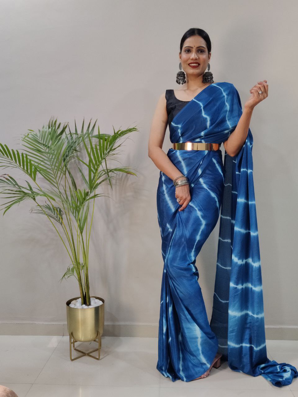 Blue Leheriya Printed Ready to Wear Chinnon Silk Saree