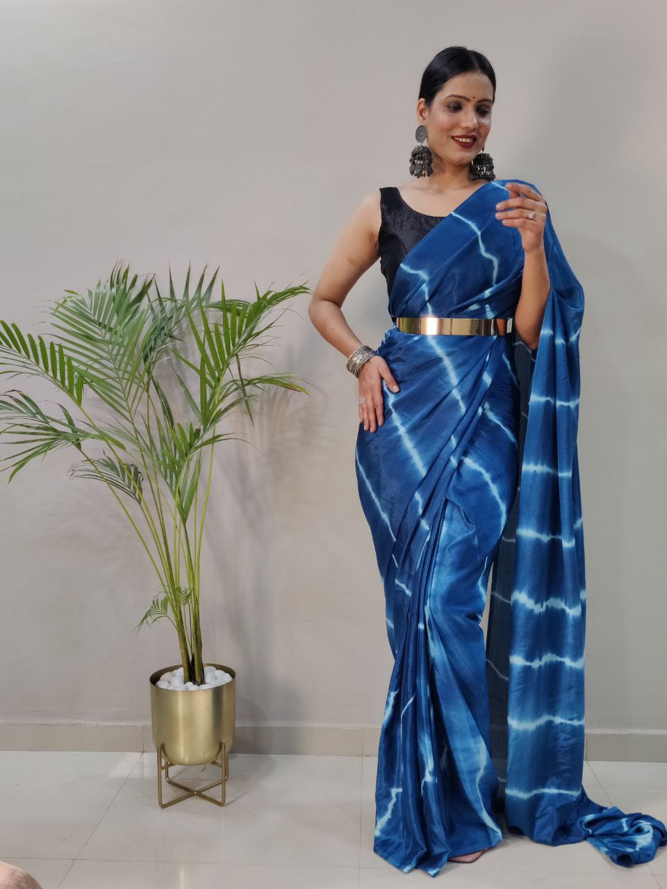 Blue Leheriya Printed Ready to Wear Chinnon Silk Saree