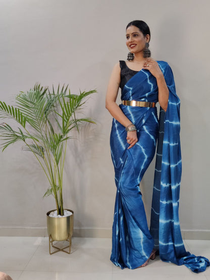 Blue Leheriya Printed Ready to Wear Chinnon Silk Saree