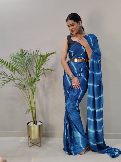 Blue Leheriya Printed Ready to Wear Chinnon Silk Saree