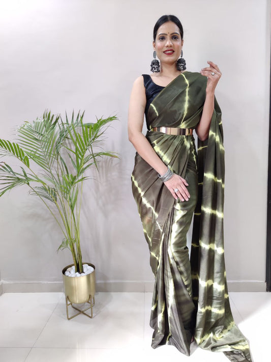 Green Leheriya Printed Ready to Wear Chinnon Silk Saree