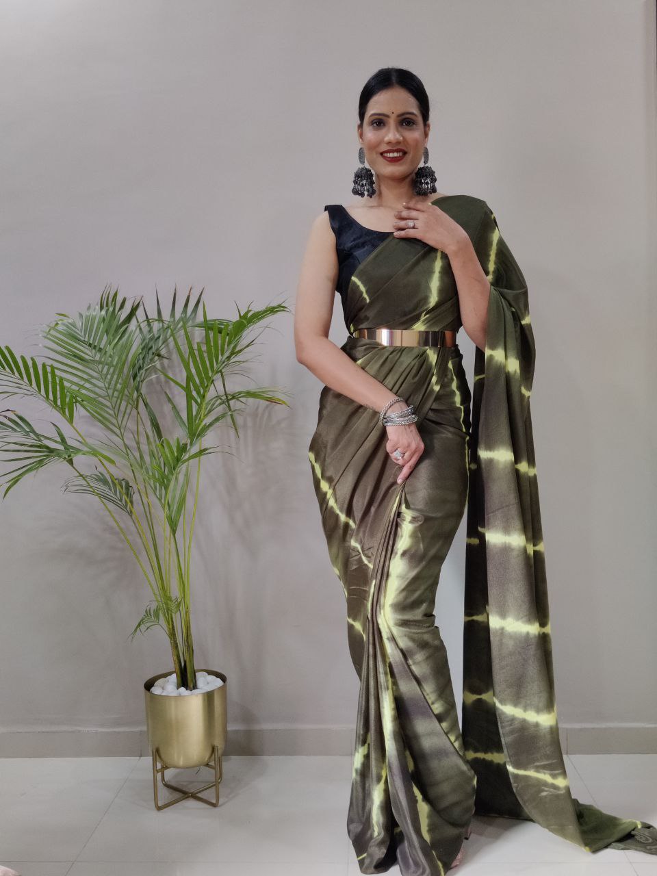 Green Leheriya Printed Ready to Wear Chinnon Silk Saree