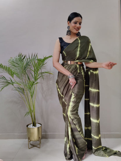 Green Leheriya Printed Ready to Wear Chinnon Silk Saree