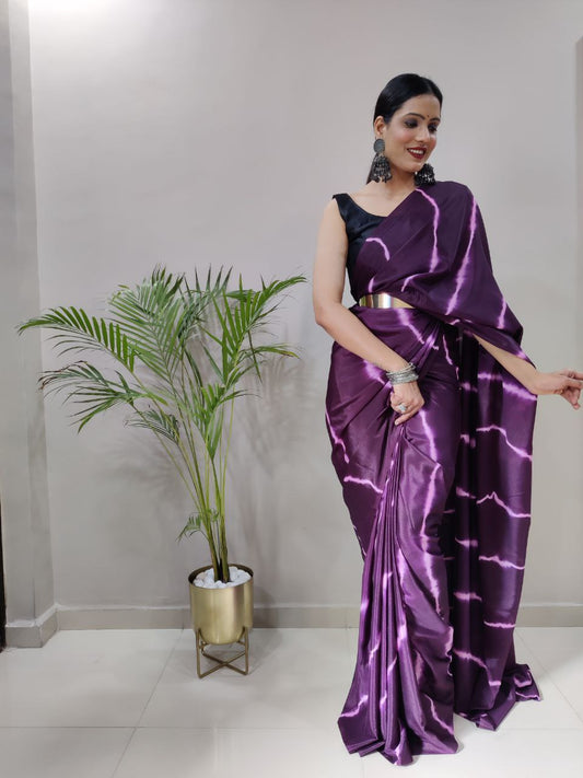 Purple Leheriya Printed Ready to Wear Chinnon Silk Saree