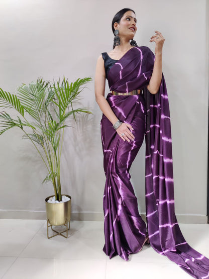 Purple Leheriya Printed Ready to Wear Chinnon Silk Saree