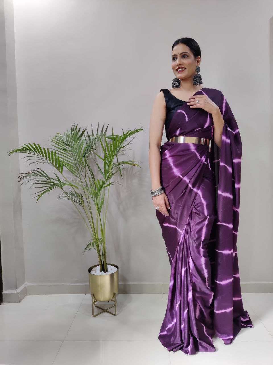 Purple Leheriya Printed Ready to Wear Chinnon Silk Saree