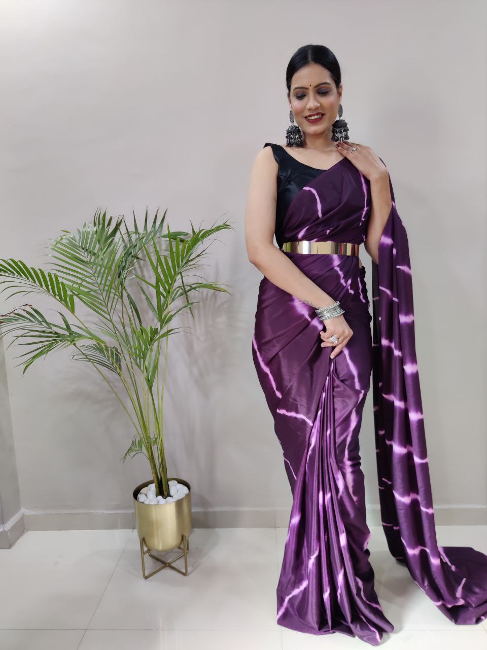 Purple Leheriya Printed Ready to Wear Chinnon Silk Saree