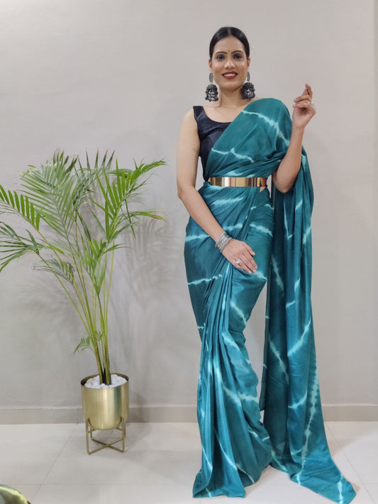 Teal Leheriya Printed Ready to Wear Chinnon Silk Saree