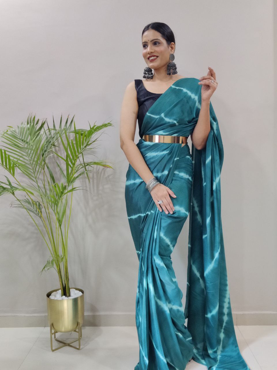 Teal Leheriya Printed Ready to Wear Chinnon Silk Saree