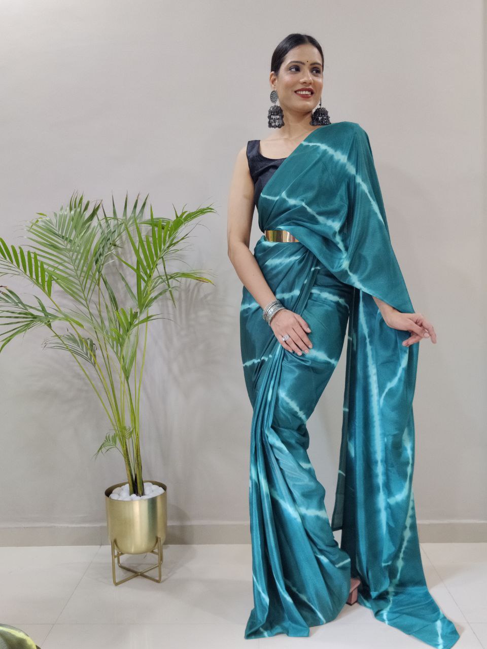 Teal Leheriya Printed Ready to Wear Chinnon Silk Saree