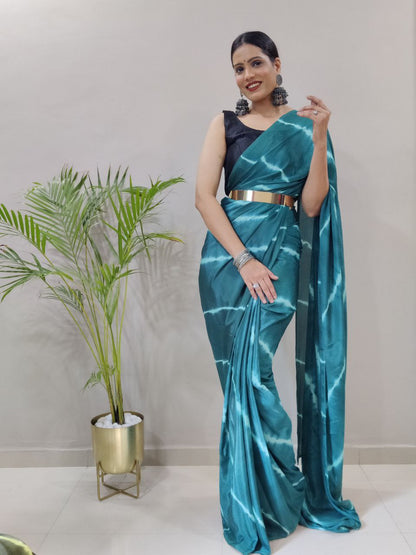 Teal Leheriya Printed Ready to Wear Chinnon Silk Saree