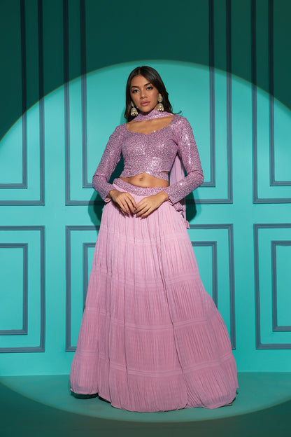 Dusty Pink Sequin Embroidered Georgette Lehenga Choli Set