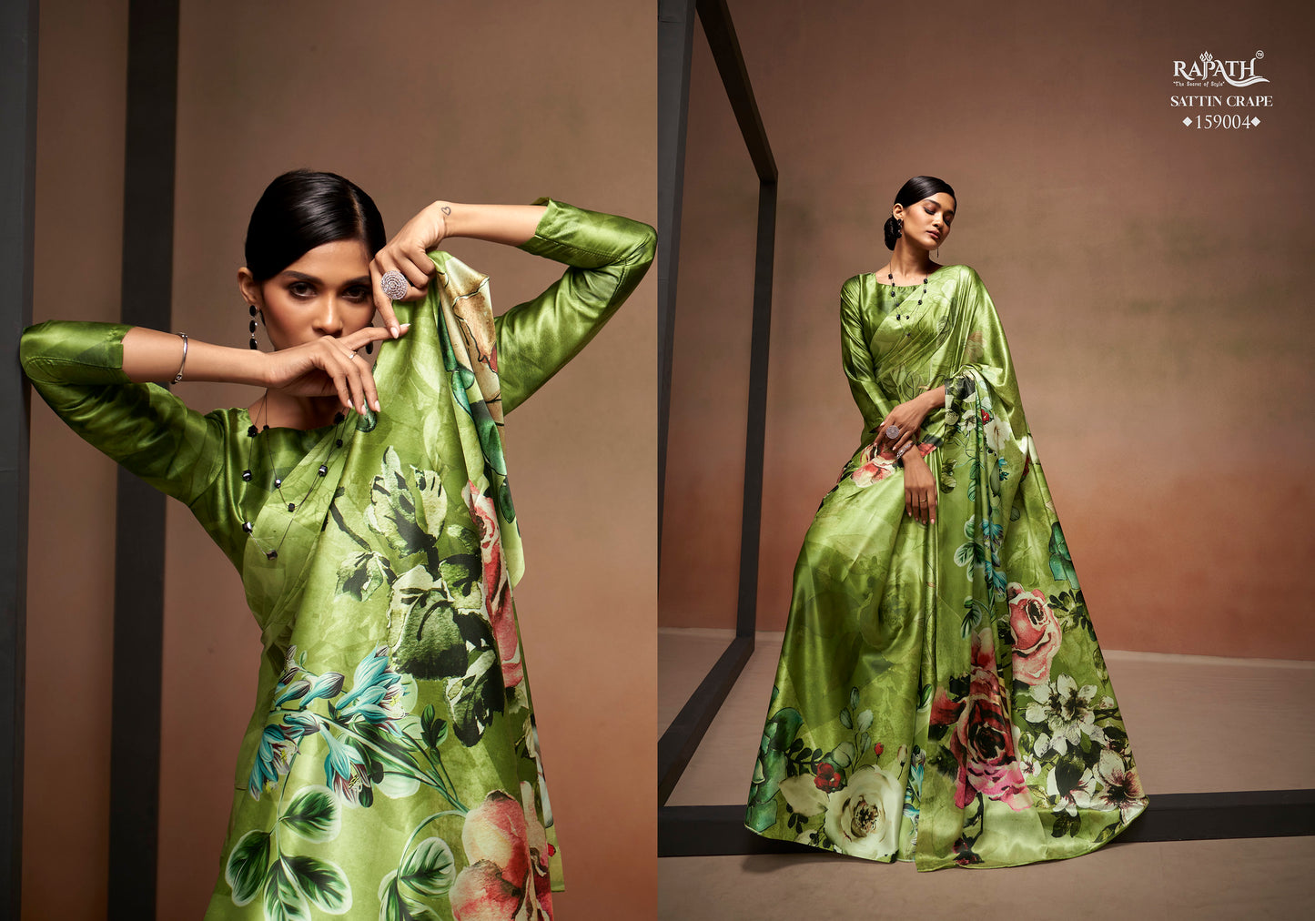 Green Floral Digital Printed Satin Saree