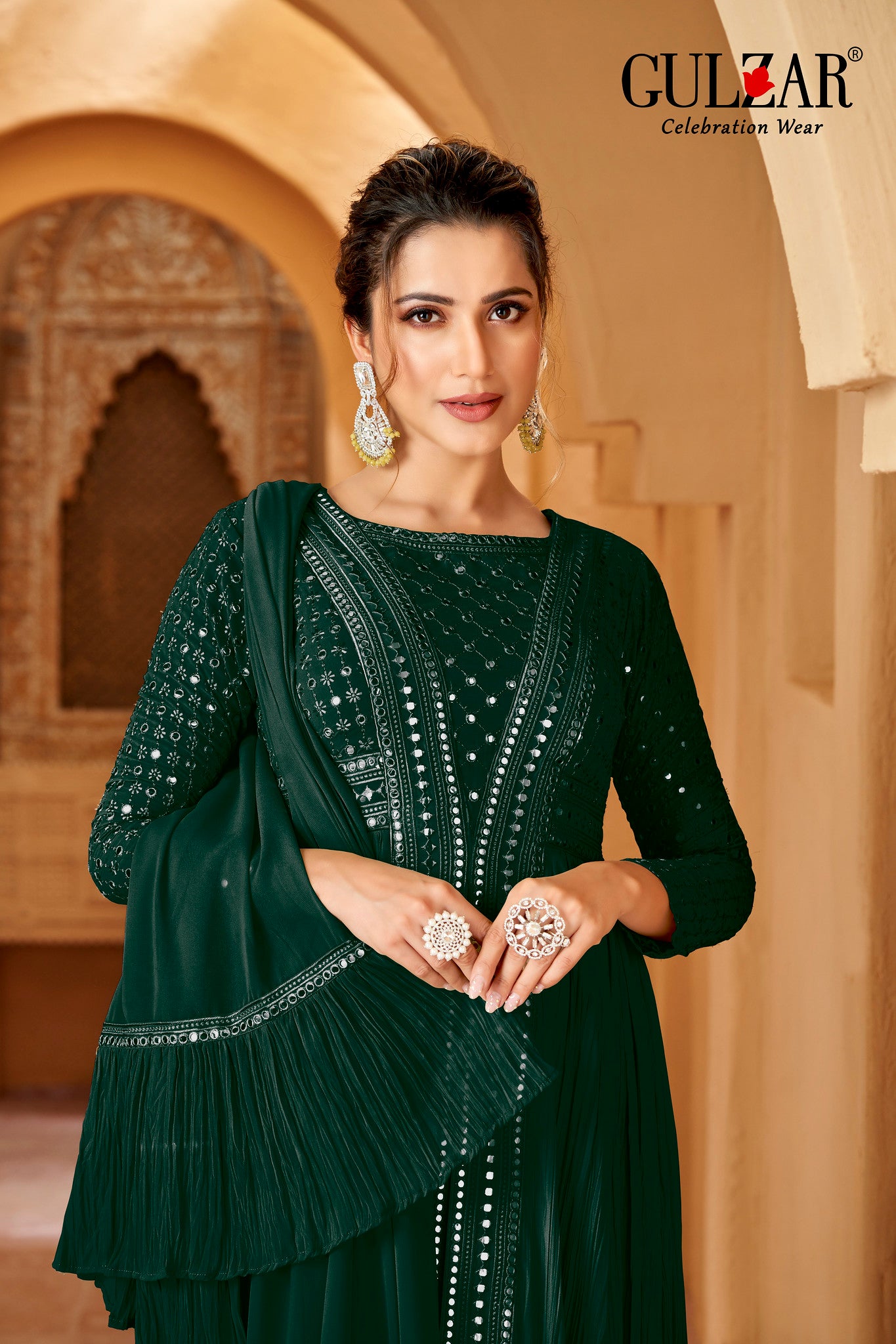 Green Geogette Gown with Lucknowi Mirror Work