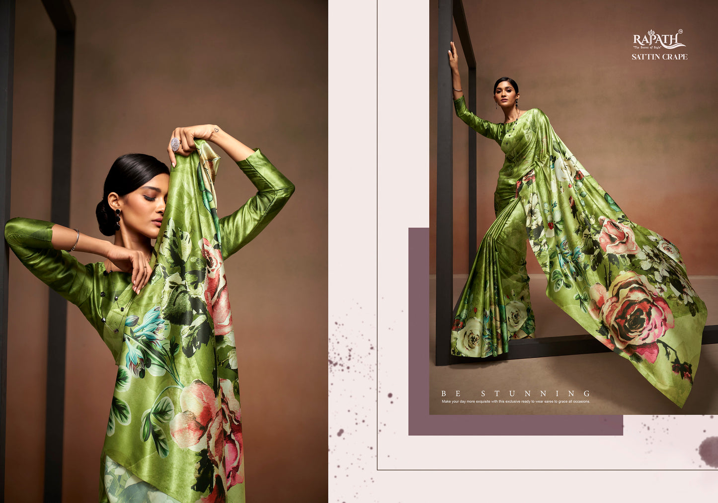 Green Floral Digital Printed Satin Saree