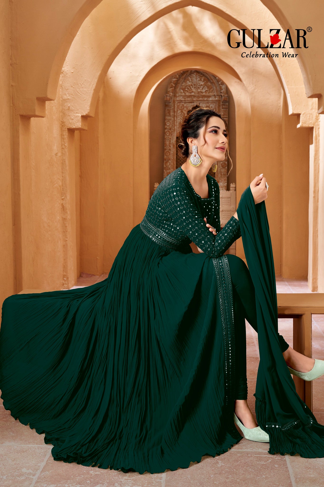 Green Geogette Gown with Lucknowi Mirror Work