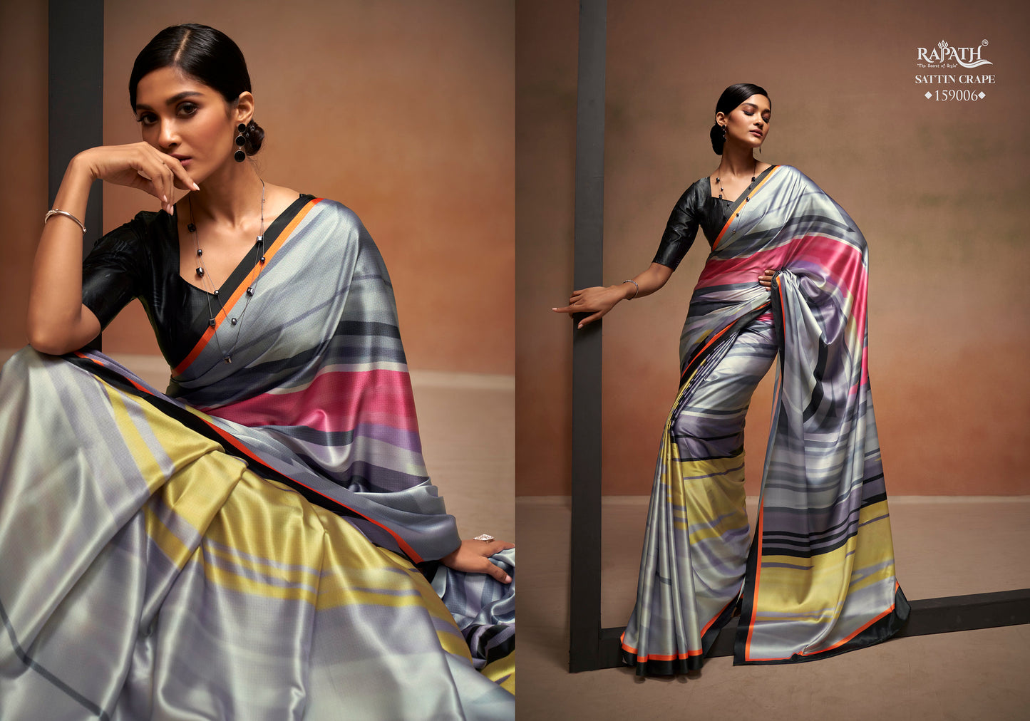 Grey Striped Digital Printed Satin Saree