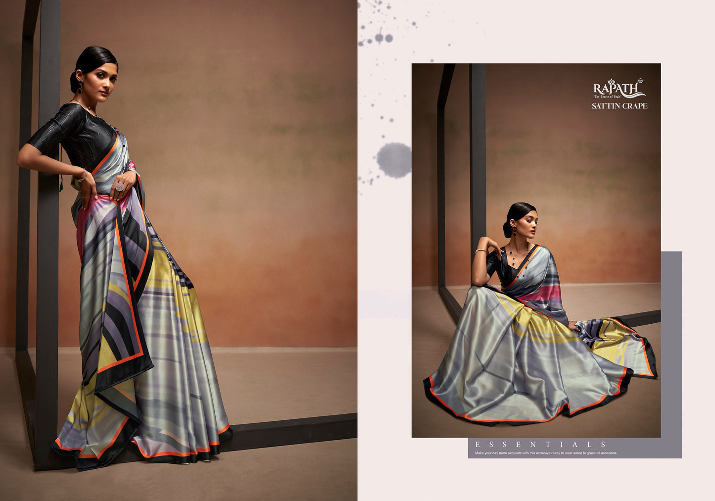 Grey Striped Digital Printed Satin Saree