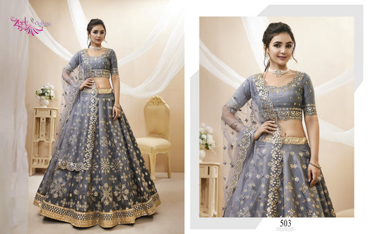 Grey Embroidered Art Silk Lehenga Choli Set