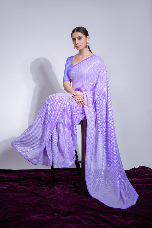 Lavender Sequin Embroidered Georgette Saree