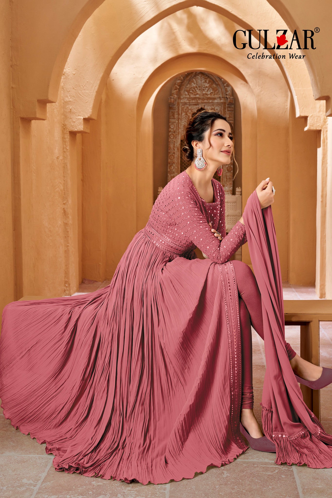 Pink Geogette Gown with Lucknowi Mirror Work