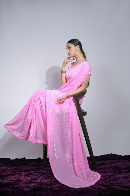 Pink Sequin Embroidered Georgette Saree