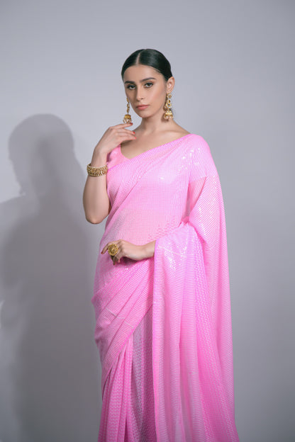 Pink Sequin Embroidered Georgette Saree