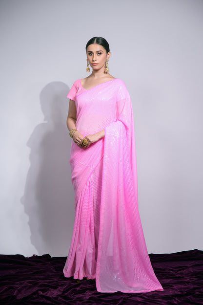 Pink Sequin Embroidered Georgette Saree