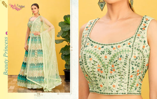 Pista Green Embroidered Organza Lehenga Choli Set