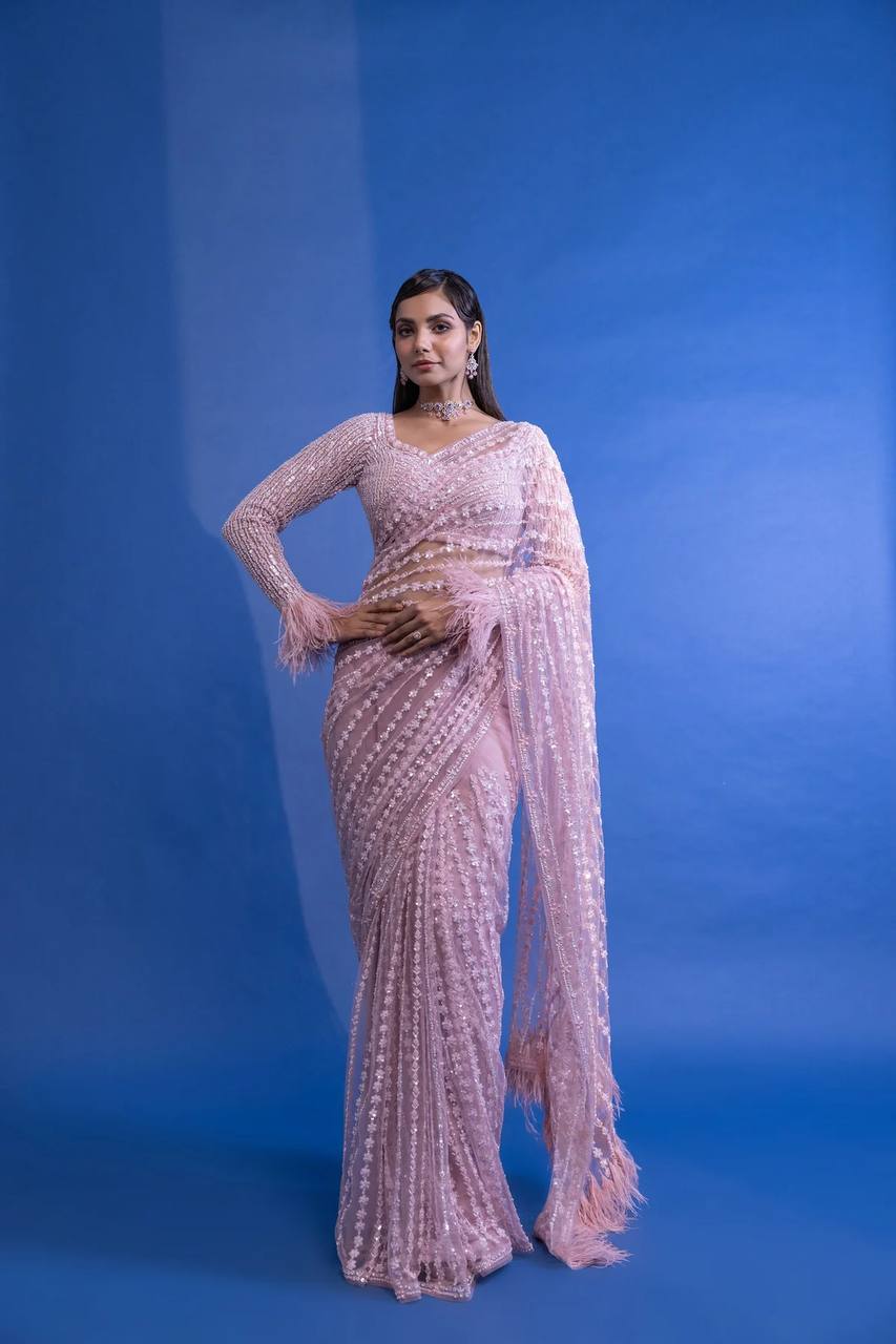 Baby Pink Sequin Embroidered Net Saree