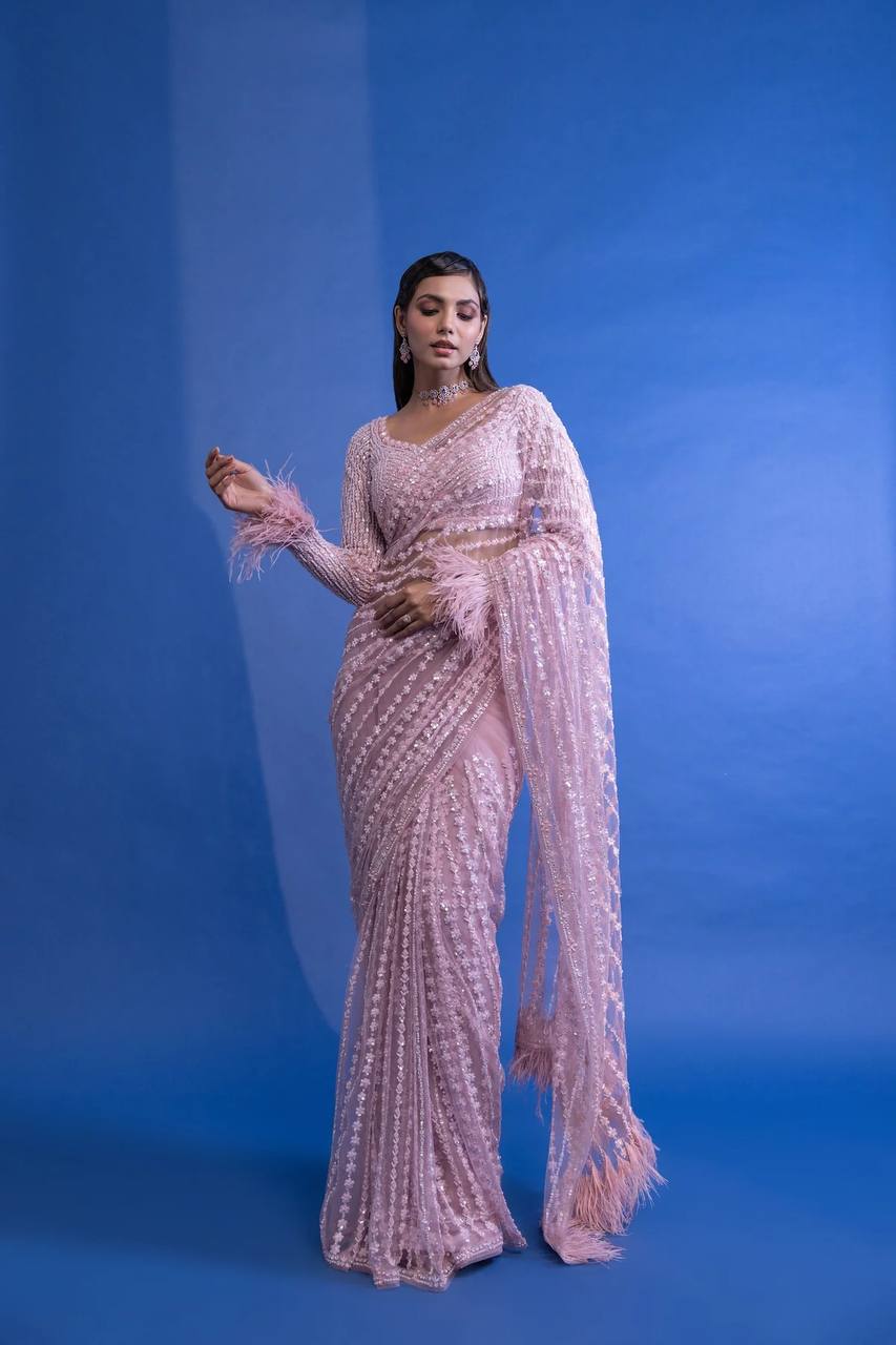 Baby Pink Sequin Embroidered Net Saree