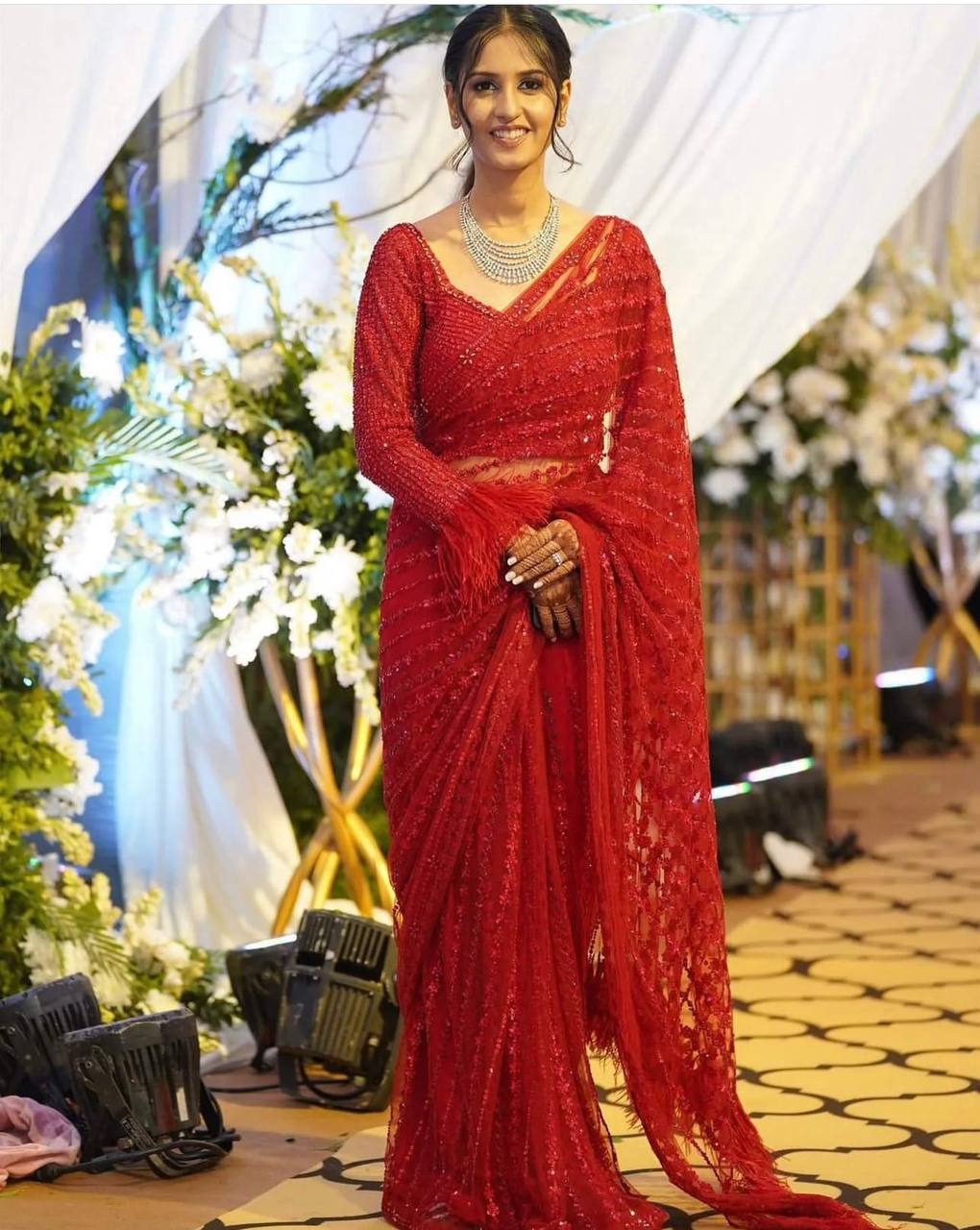 Red Sequin Embroidered Net Saree