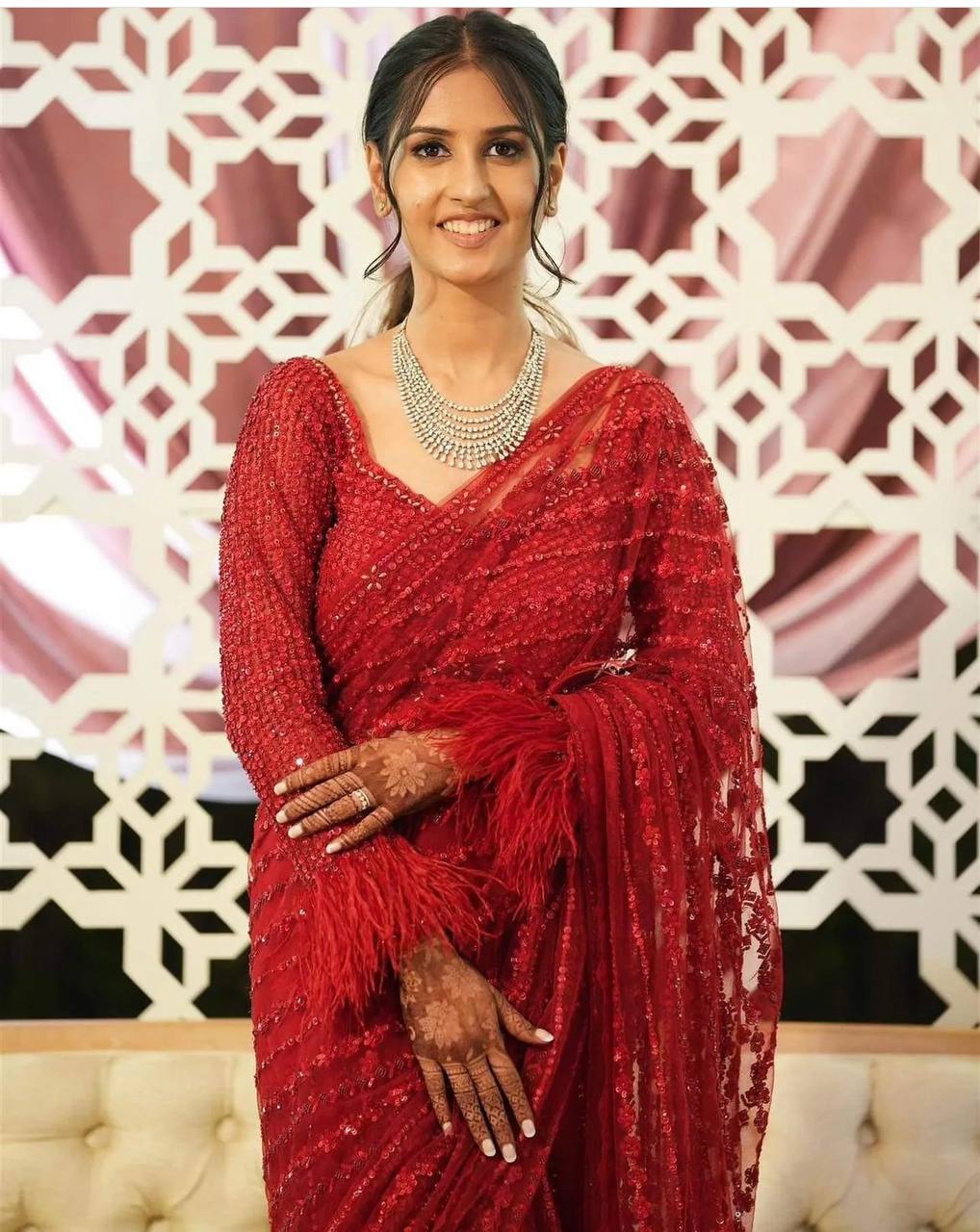 Red Sequin Embroidered Net Saree