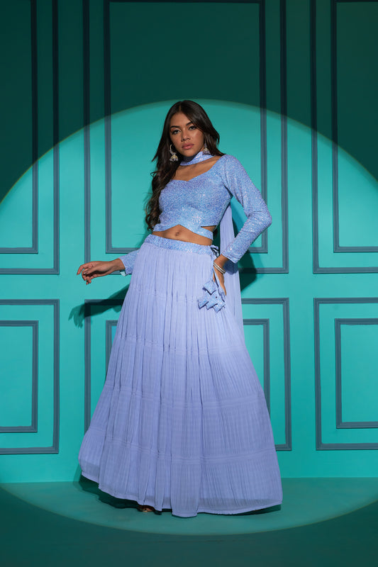 Sky Blue Sequin Embroidered Georgette Lehenga Choli Set