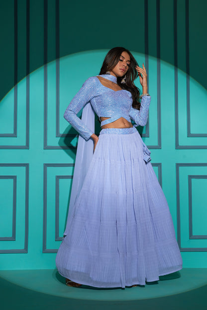 Sky Blue Sequin Embroidered Georgette Lehenga Choli Set