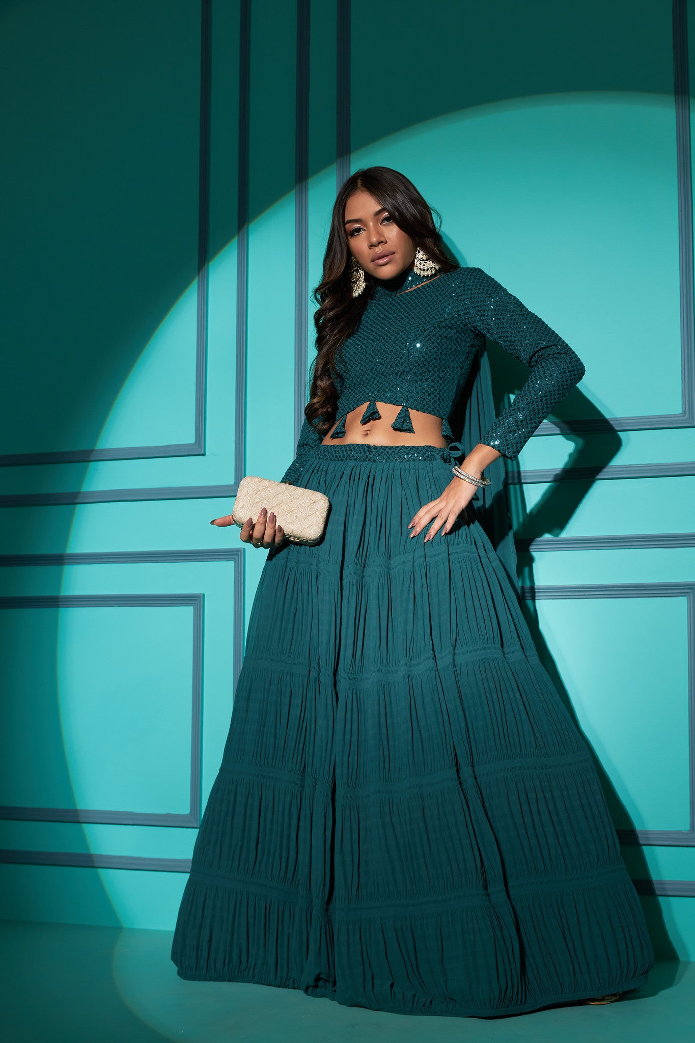 Teal Sequin Embroidered Georgette Lehenga Choli Set