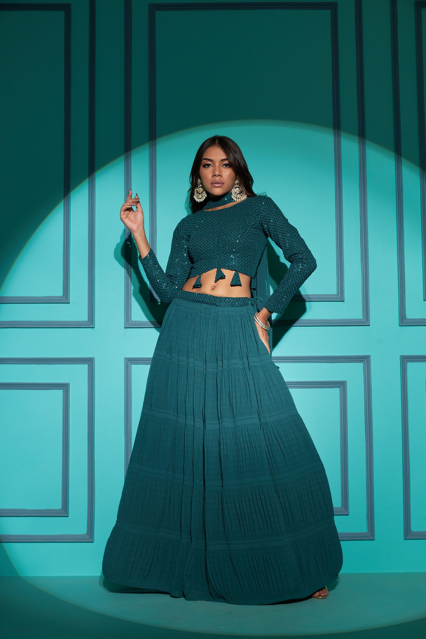 Teal Sequin Embroidered Georgette Lehenga Choli Set