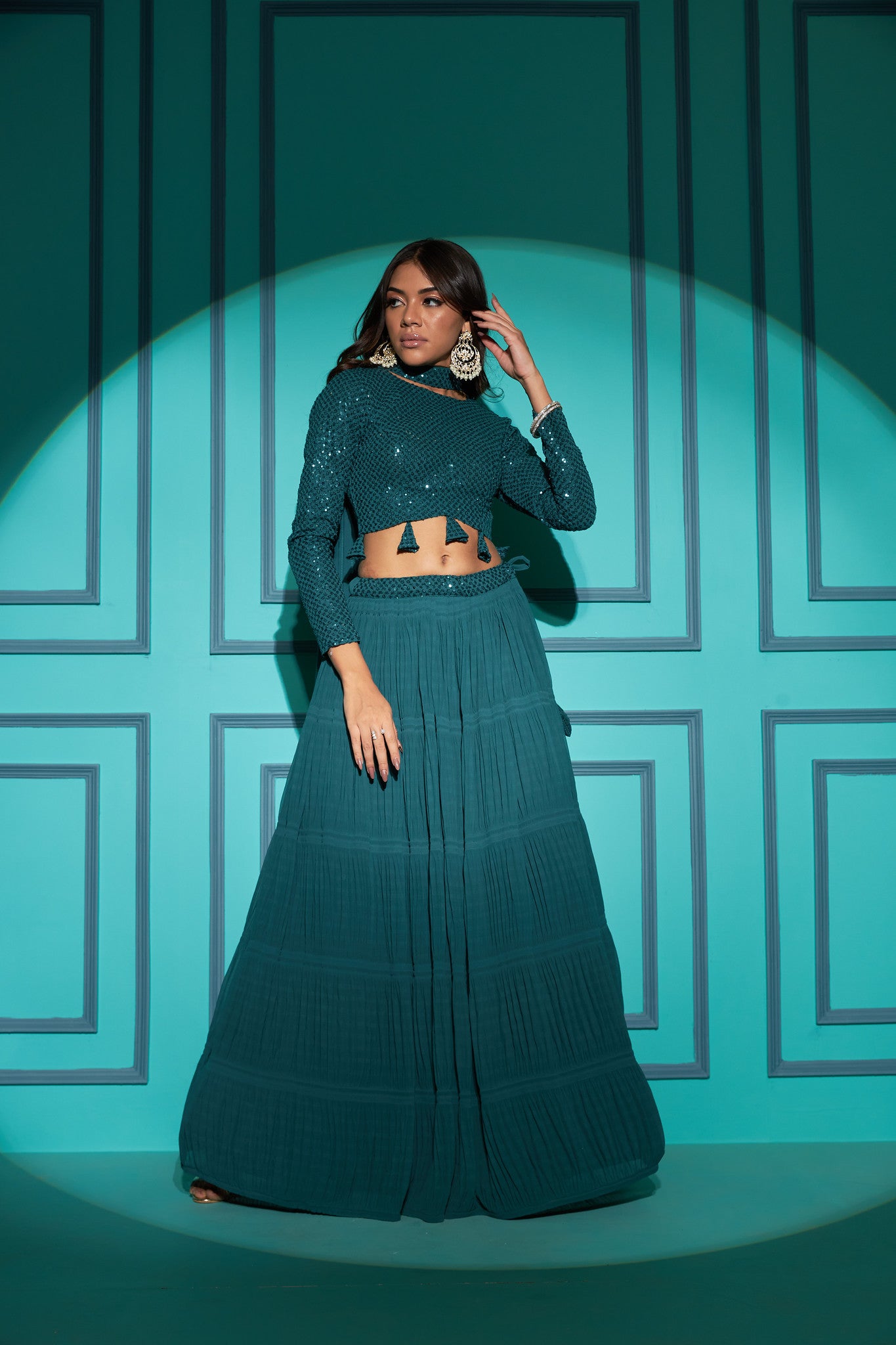 Teal Sequin Embroidered Georgette Lehenga Choli Set