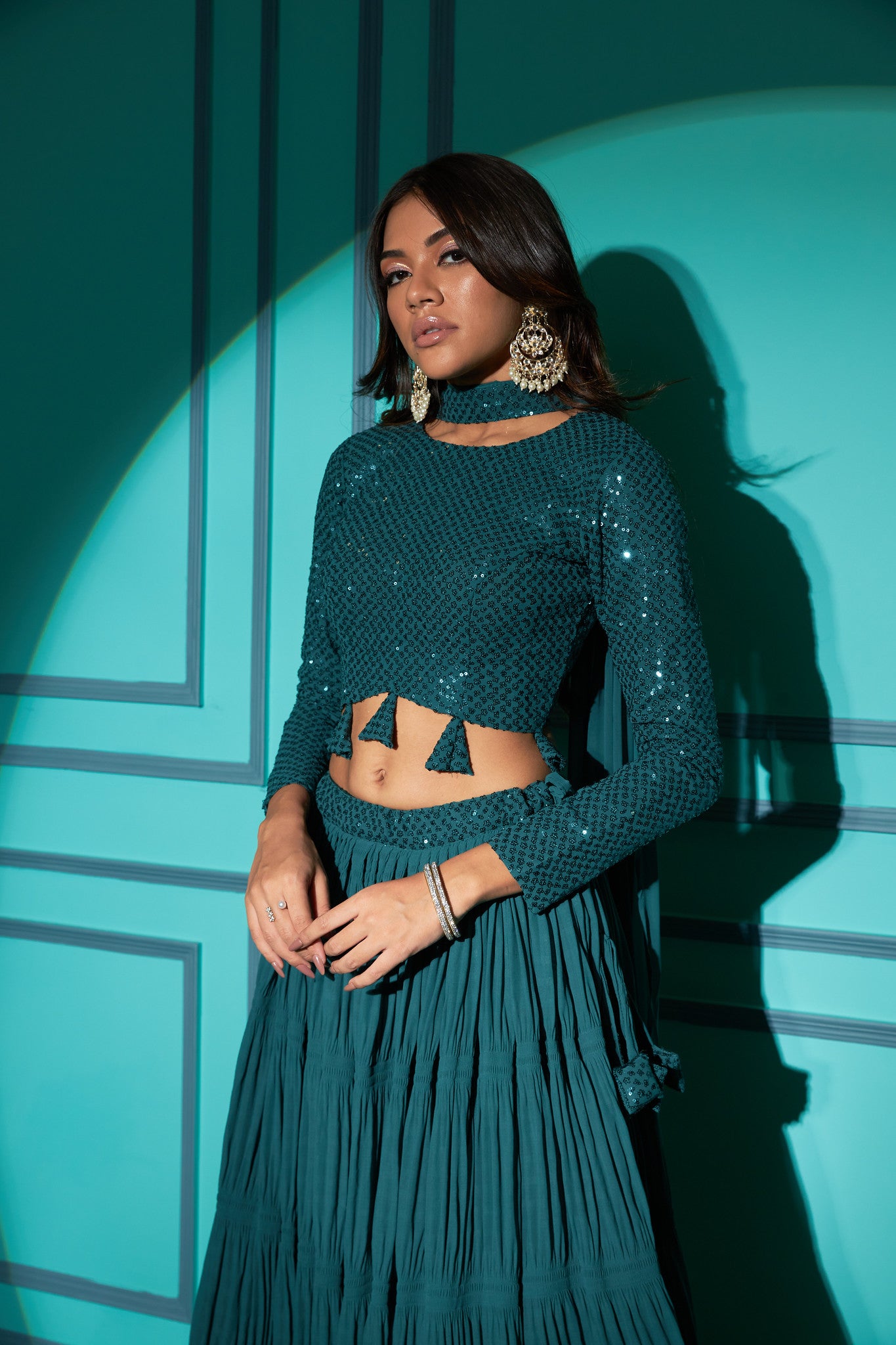 Teal Sequin Embroidered Georgette Lehenga Choli Set