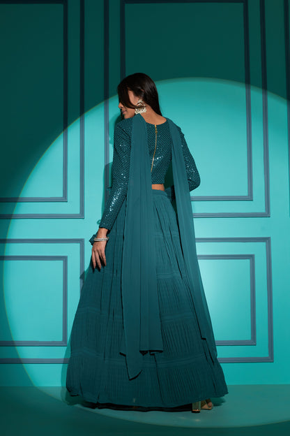 Teal Sequin Embroidered Georgette Lehenga Choli Set