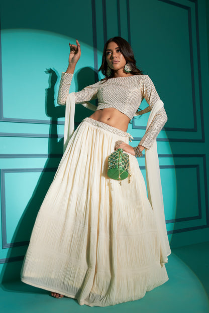 White Sequin Embroidered Georgette Lehenga Choli Set